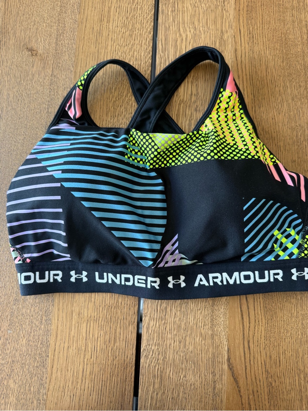 Under Armour Black Sports Bra with Neon Green, Aqua & Pink Geo Print